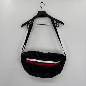 Tommy Hilfiger Black Nylon Messenger Crossbody Bag Red White Blue Stripe Logo